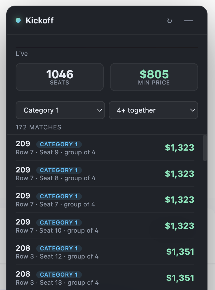 The Kickoff floating panel on top of the FIFA seatmap, showing the cheapest seats sorted by price